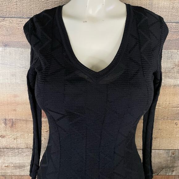 M by Missoni Open Knit V-Neck Dress Cropped Sleeves Solid Black Size XS 0 2 4 - Picture 2 of 15